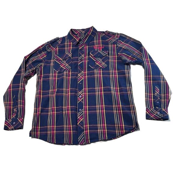 Coogi Button Up Shirt Mens Size XXL Blue Plaid Long Sleeve Embroidered - Picture 1 of 10